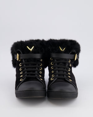 Louis Vuitton Black Suede Lace Up Sneakers with Fur Lining and Buckle Detail Size EU 38