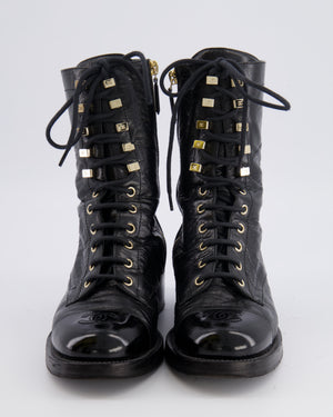 Chanel Black Distressed Leather Ankle Boots with Patent Leather Toe Cap Detail and CC Logo Size EU 38 C