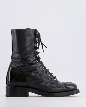 Chanel Black Distressed Leather Ankle Boots with Patent Leather Toe Cap Detail and CC Logo Size EU 38 C