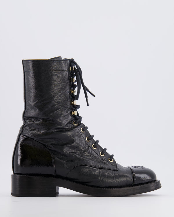 Chanel Black Distressed Leather Ankle Boots with Patent Leather Toe Cap Detail and CC Logo Size EU 38 C