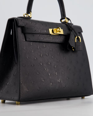 *SUPER RARE* Hermès Kelly 25 Sellier Bag in Noir Ostrich Leather with Gold Hardware