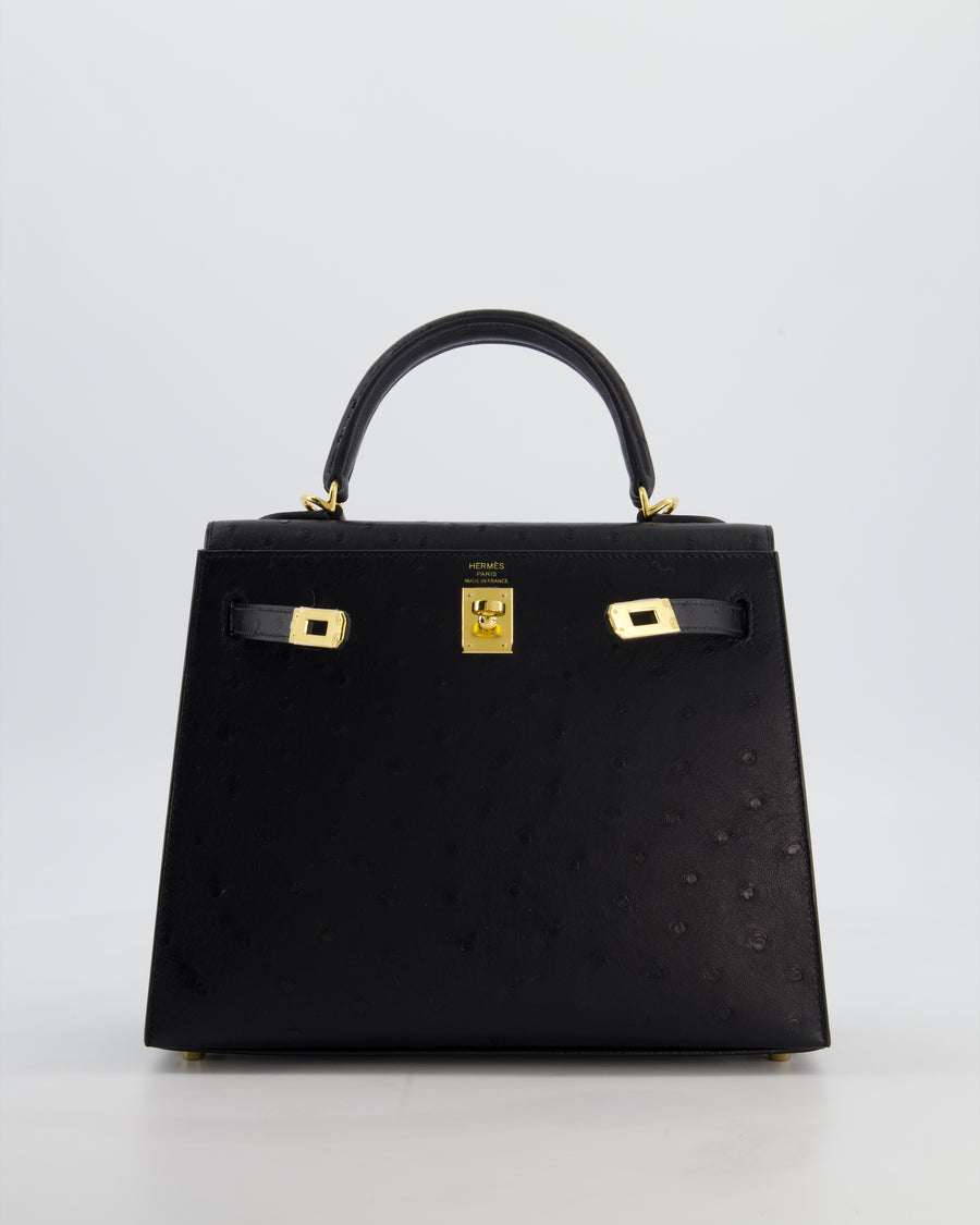 *SUPER RARE* Hermès Kelly 25 Sellier Bag in Noir Ostrich Leather with Gold Hardware