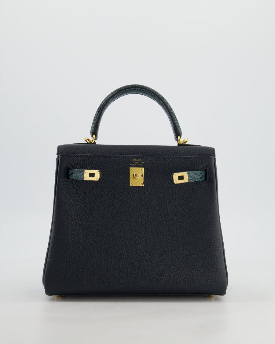 *SUPER RARE* Hermès Kelly 25 Touch Retourne Bag in Vert Rousseau and Vert Cypres in Togo and Lizard Leather with Gold Hardware