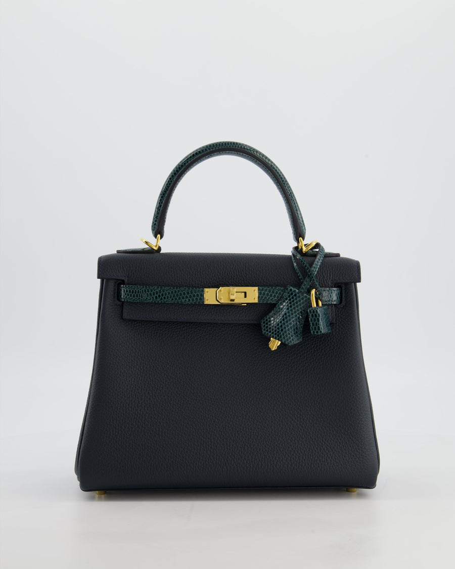 *SUPER RARE* Hermès Kelly 25 Touch Retourne Bag in Vert Rousseau and Vert Cypres in Togo and Lizard Leather with Gold Hardware
