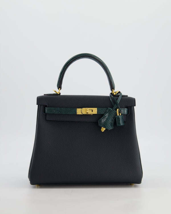 *SUPER RARE* Hermès Kelly 25 Touch Retourne Bag in Vert Rousseau and Vert Cypres in Togo and Lizard Leather with Gold Hardware