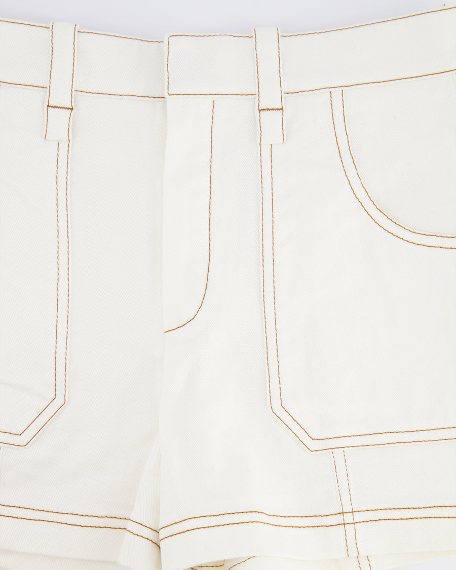 Chloe White Denim Shorts with Brown Stitching Detail Size FR 36 (UK 8) RRP £465