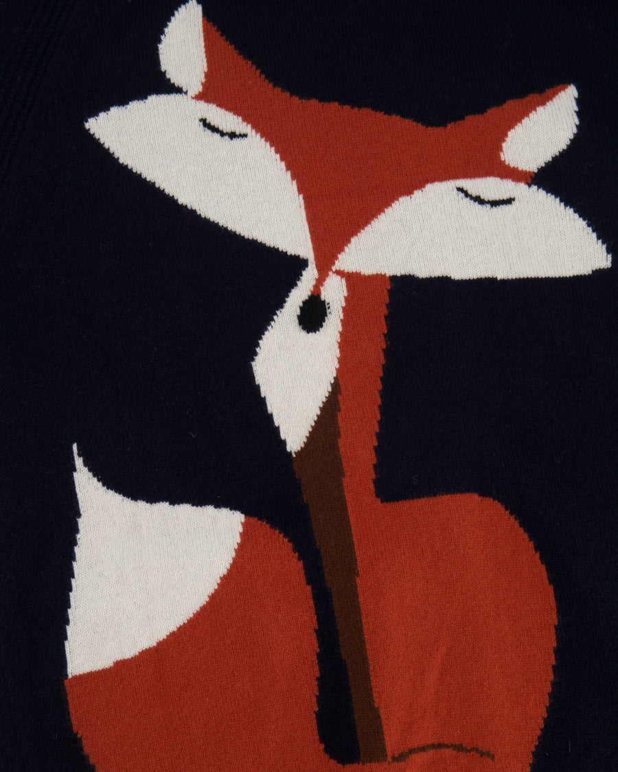 Loro Piana Navy Baby Cashmere Ribbed Long-Sleeved Hooded Gilet with Mushrooms and Fox Print Size IT 40 (UK 8)