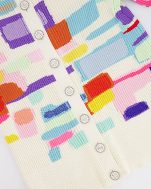 Chanel Spring 2019 White and Multi-Colour Ribbed Cardigan with Silver and White CC Logo Buttons Size FR 38 (UK 10)