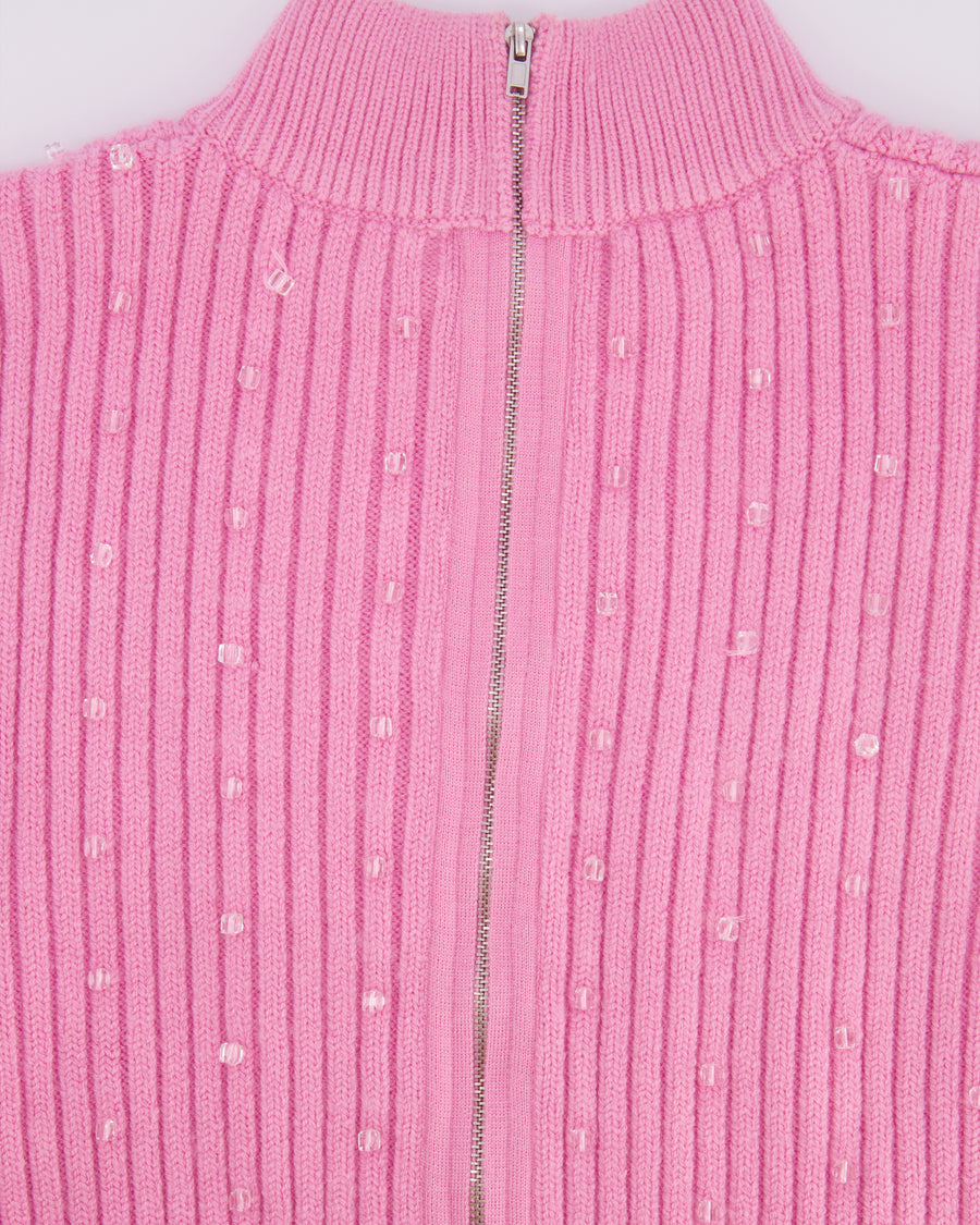 David Koma Pink Ribbed Knit Jumper with Transparent Bead Details Size L (UK 12) RRP £552