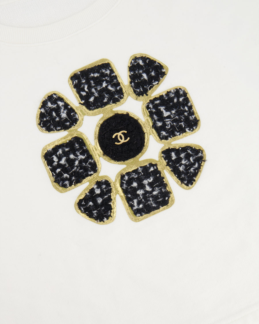 Chanel Fall 2020 White Cropped Sweater Top with Black and Gold Tweed Flower Detail with Gold CC Logo Size M (UK 10)