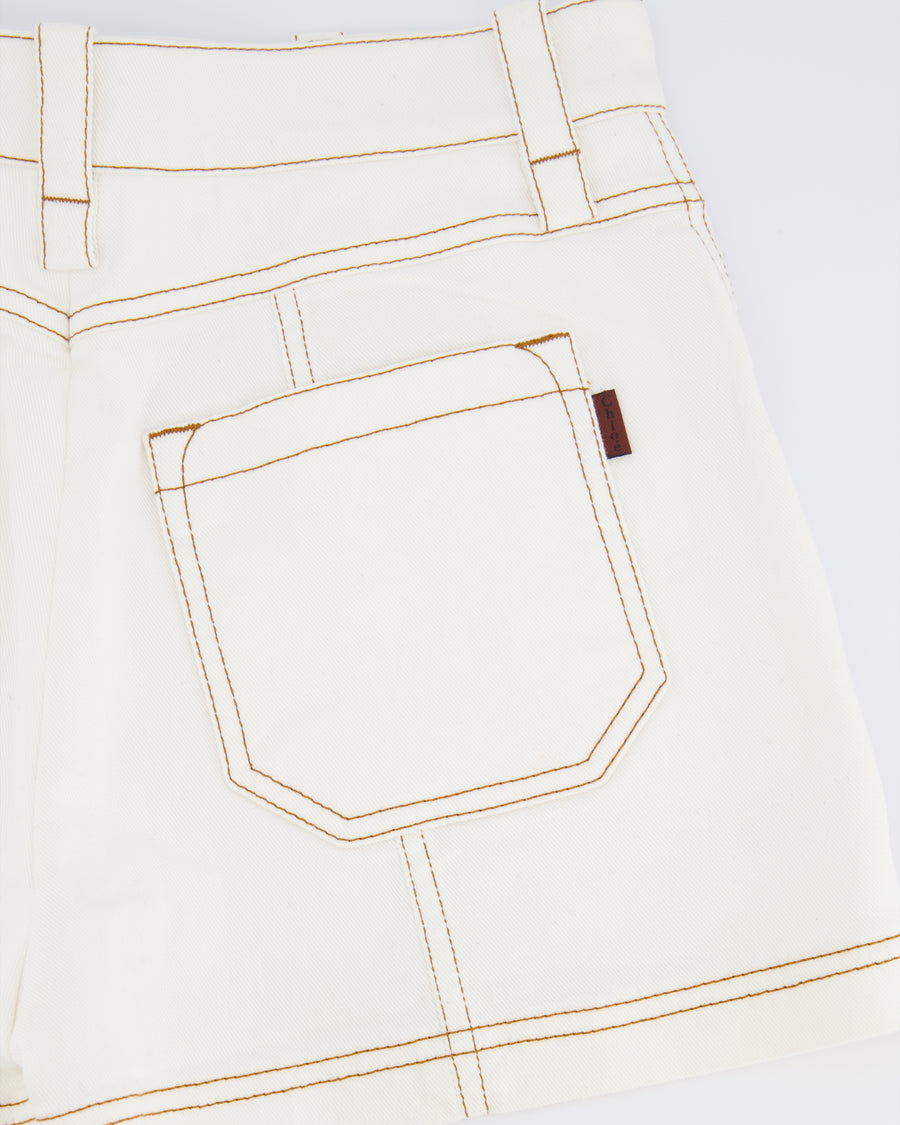 Chloe White Denim Shorts with Brown Stitching Detail Size FR 36 (UK 8) RRP £465