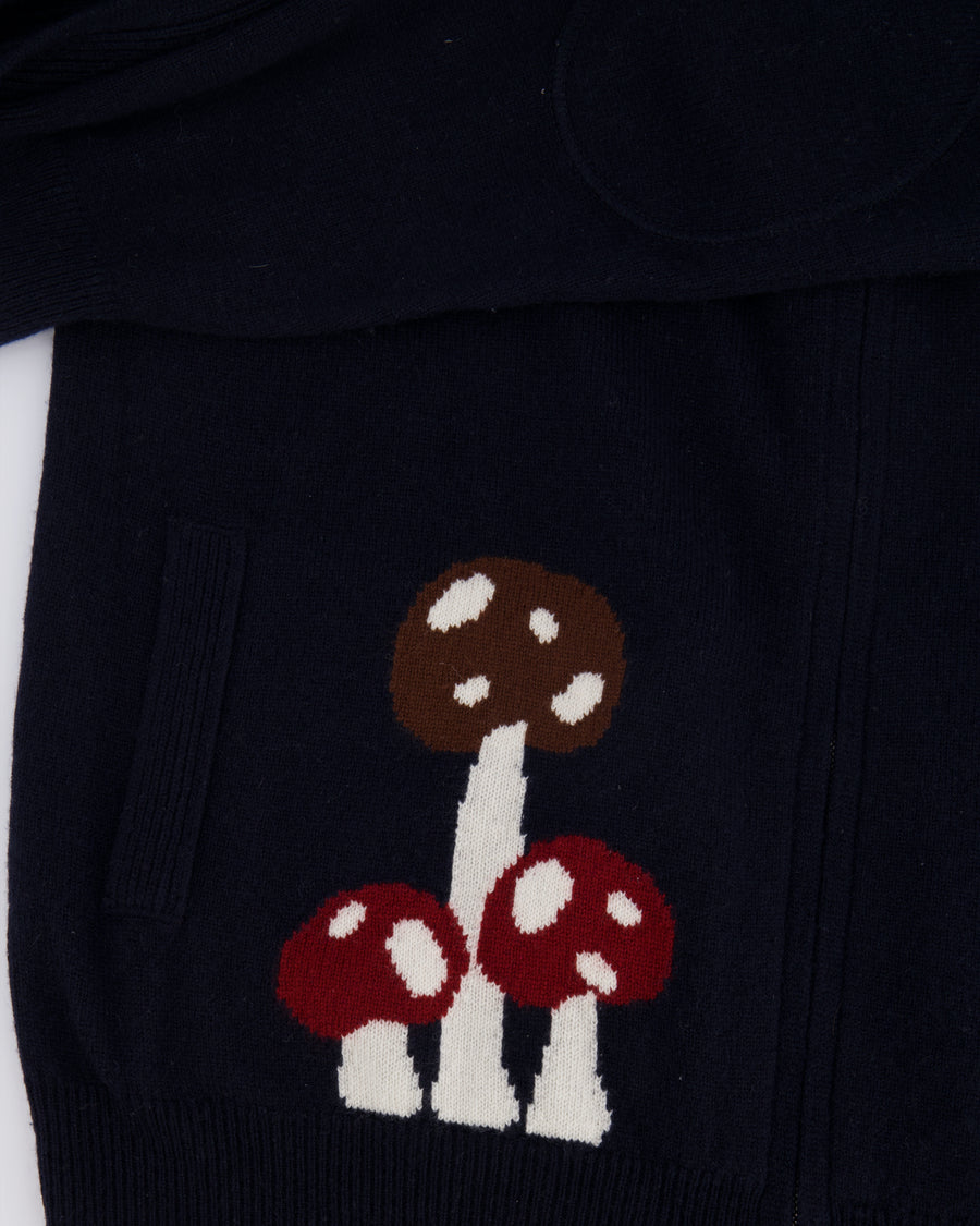 Loro Piana Navy Baby Cashmere Ribbed Long-Sleeved Hooded Gilet with Mushrooms and Fox Print Size IT 40 (UK 8)