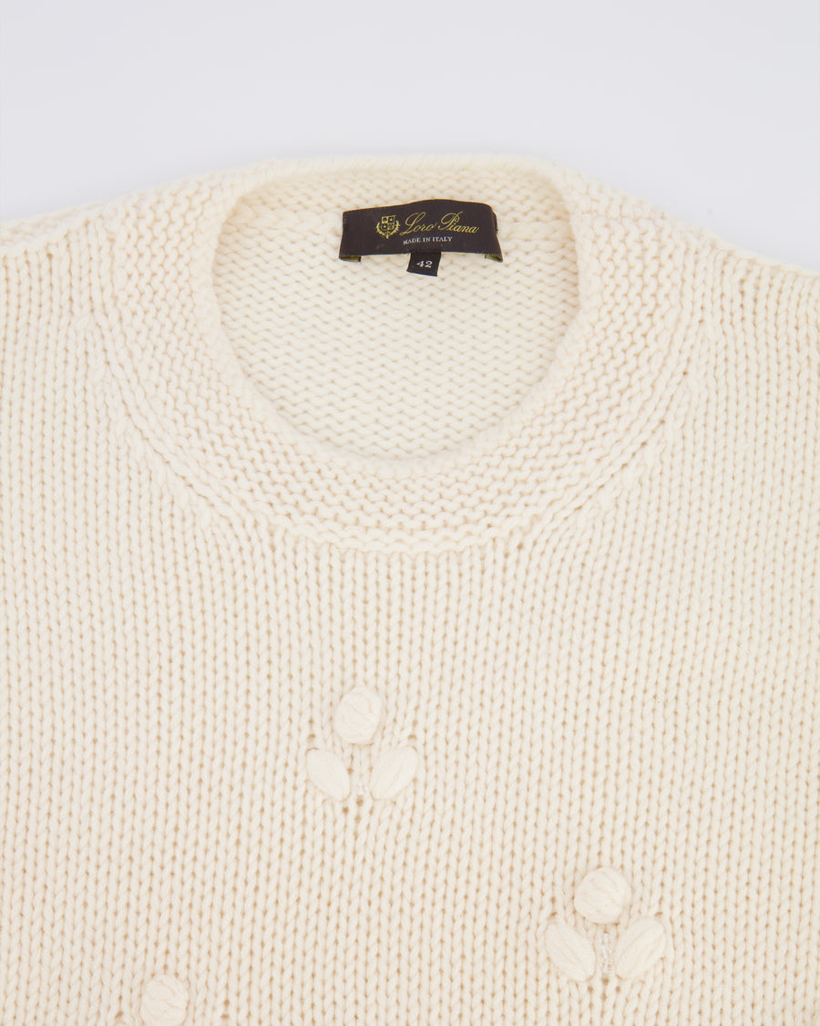 Loro Piana Cream Cashmere Knit Jumper with Knitted Flower and Crystal Details Size IT 42 (UK 10)