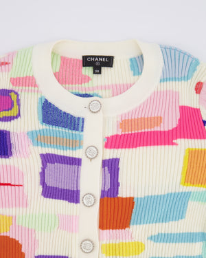 Chanel Spring 2019 White and Multi-Colour Ribbed Cardigan with Silver and White CC Logo Buttons Size FR 38 (UK 10)