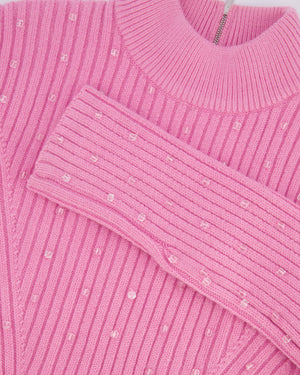 David Koma Pink Ribbed Knit Jumper with Transparent Bead Details Size L (UK 12) RRP £552