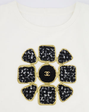 Chanel Fall 2020 White Cropped Sweater Top with Black and Gold Tweed Flower Detail with Gold CC Logo Size M (UK 10)
