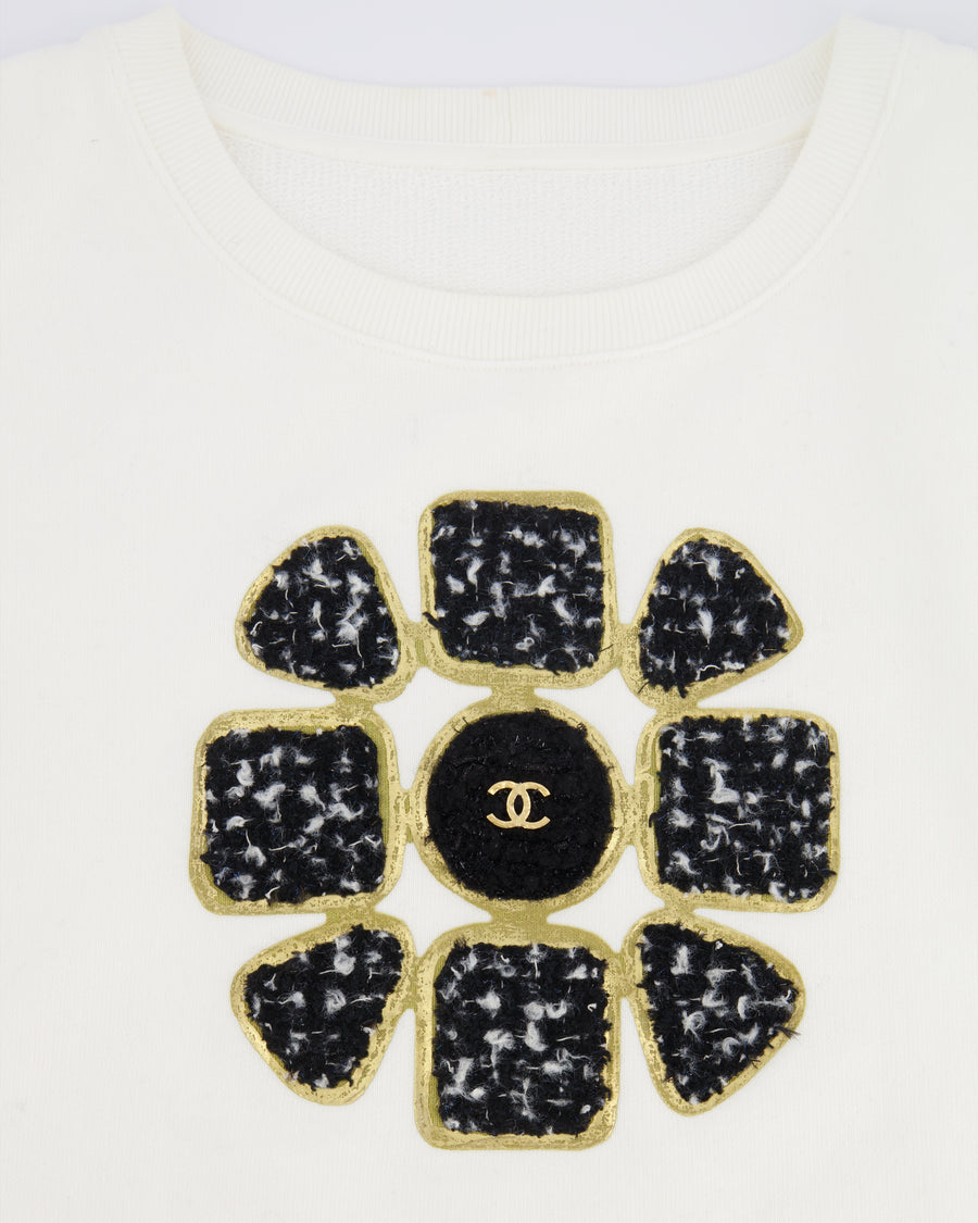 Chanel Fall 2020 White Cropped Sweater Top with Black and Gold Tweed Flower Detail with Gold CC Logo Size M (UK 10)