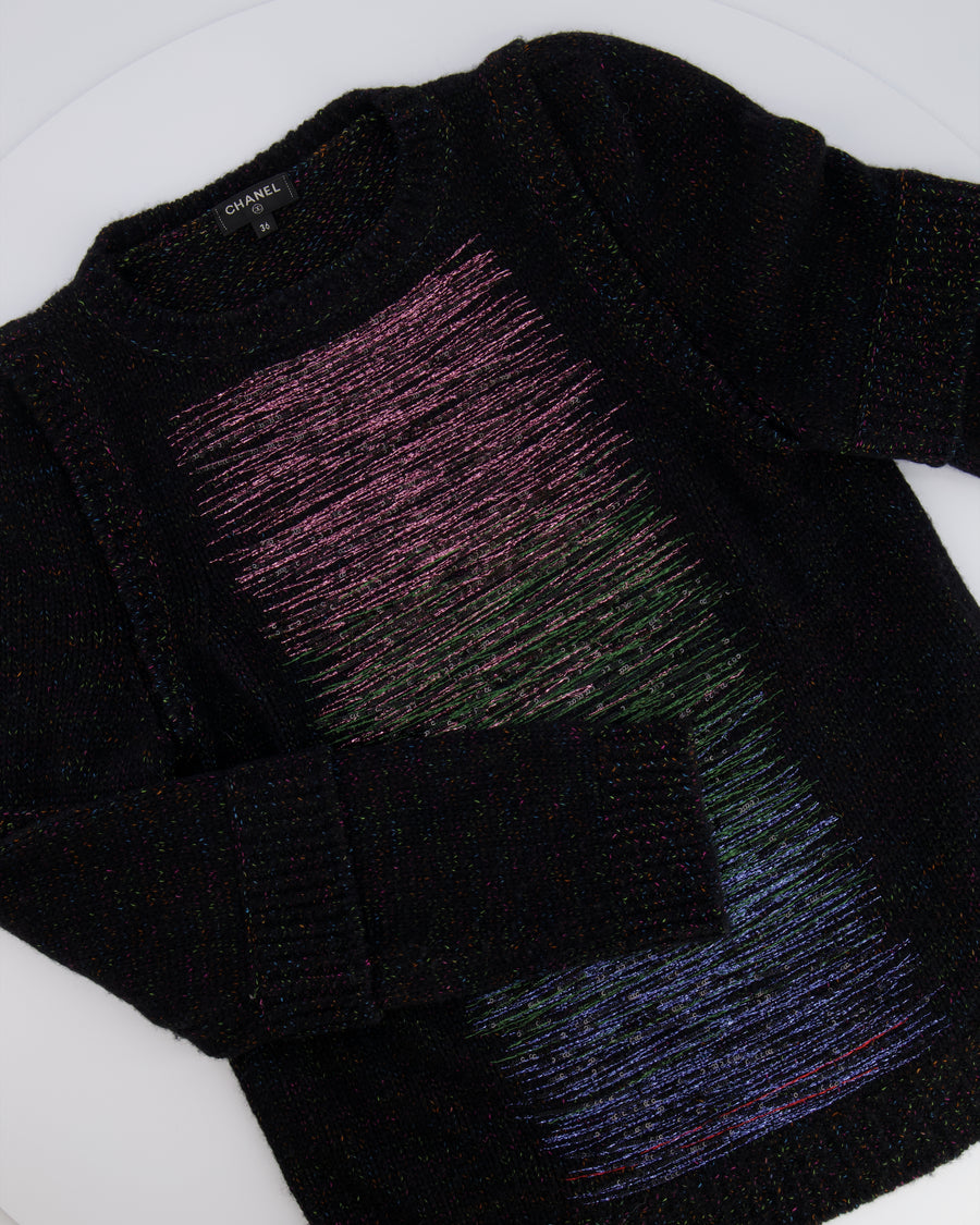 Chanel Fall 2017 Black and Multi-Colour Wool Knit Jumper with Metallic and Sequin Embellished Embroidery with Silver CC Logo Button Detail Size FR 36 (UK 8)