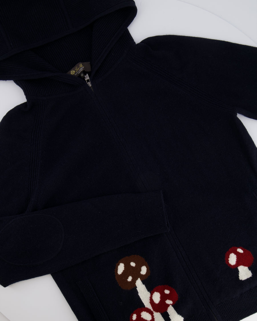 Loro Piana Navy Baby Cashmere Ribbed Long-Sleeved Hooded Gilet with Mushrooms and Fox Print Size IT 40 (UK 8)