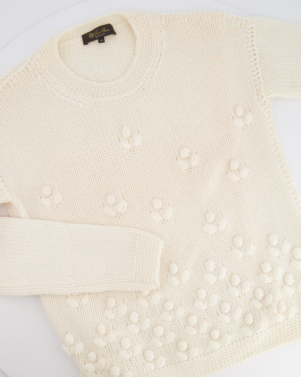 Loro Piana Cream Cashmere Knit Jumper with Knitted Flower and Crystal Details Size IT 42 (UK 10)