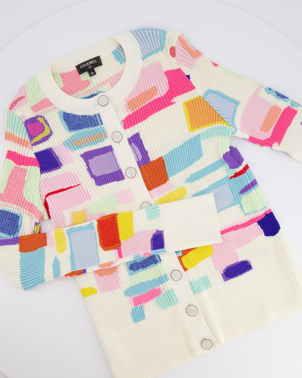 Chanel Spring 2019 White and Multi-Colour Ribbed Cardigan with Silver and White CC Logo Buttons Size FR 38 (UK 10)
