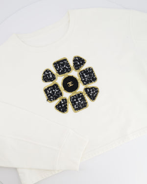 Chanel Fall 2020 White Cropped Sweater Top with Black and Gold Tweed Flower Detail with Gold CC Logo Size M (UK 10)