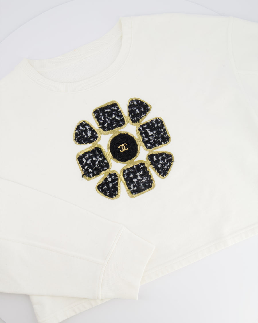 Chanel Fall 2020 White Cropped Sweater Top with Black and Gold Tweed Flower Detail with Gold CC Logo Size M (UK 10)