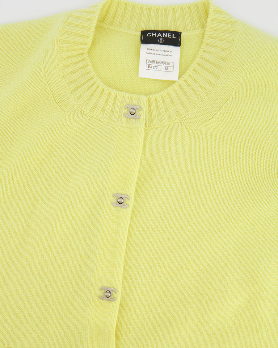 Chanel Yellow Cashmere Cardigan with Silver CC Logo Buttons Size FR 38 (UK 10)