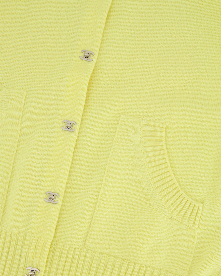 Chanel Yellow Cashmere Cardigan with Silver CC Logo Buttons Size FR 38 (UK 10)