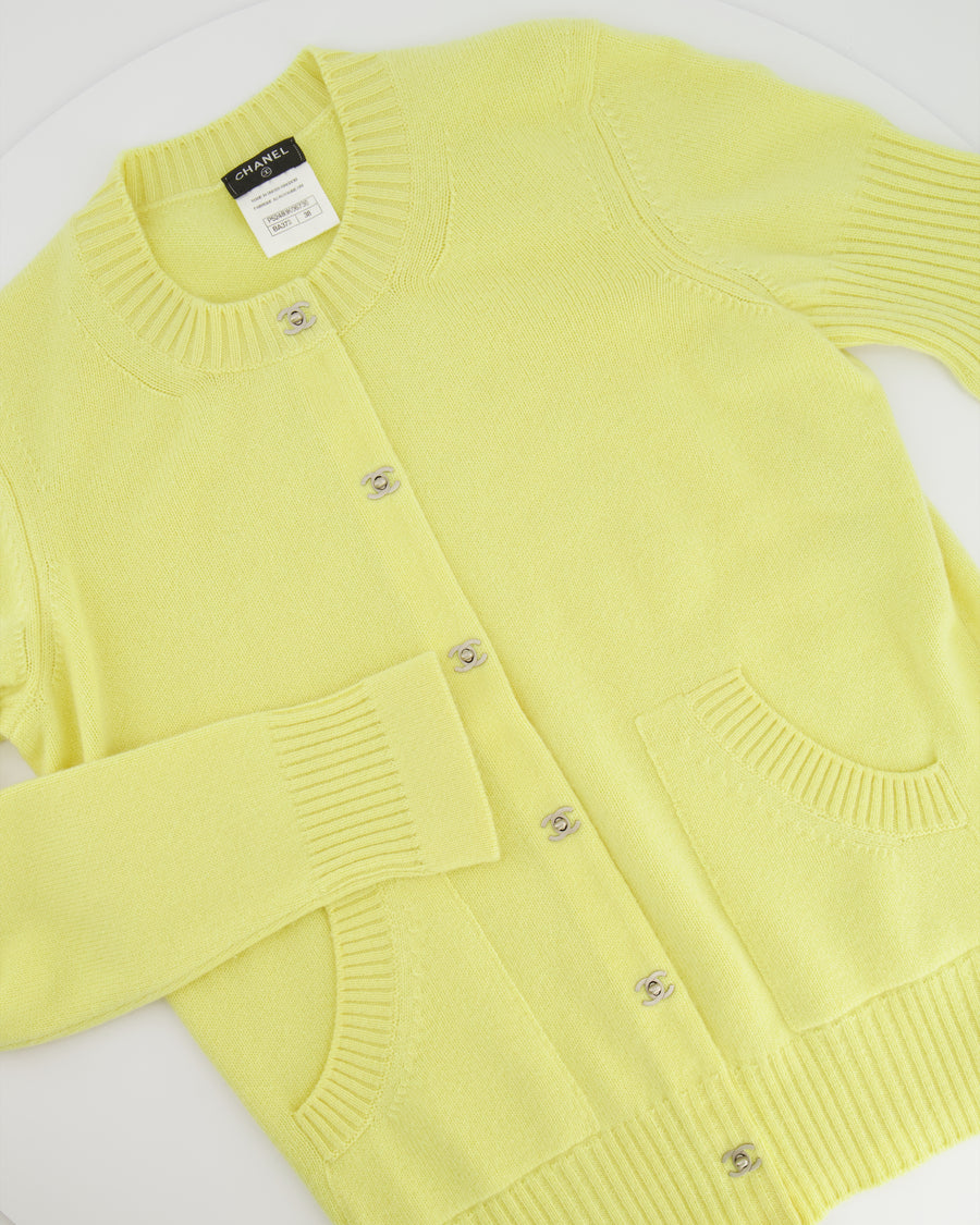 Chanel Yellow Cashmere Cardigan with Silver CC Logo Buttons Size FR 38 (UK 10)