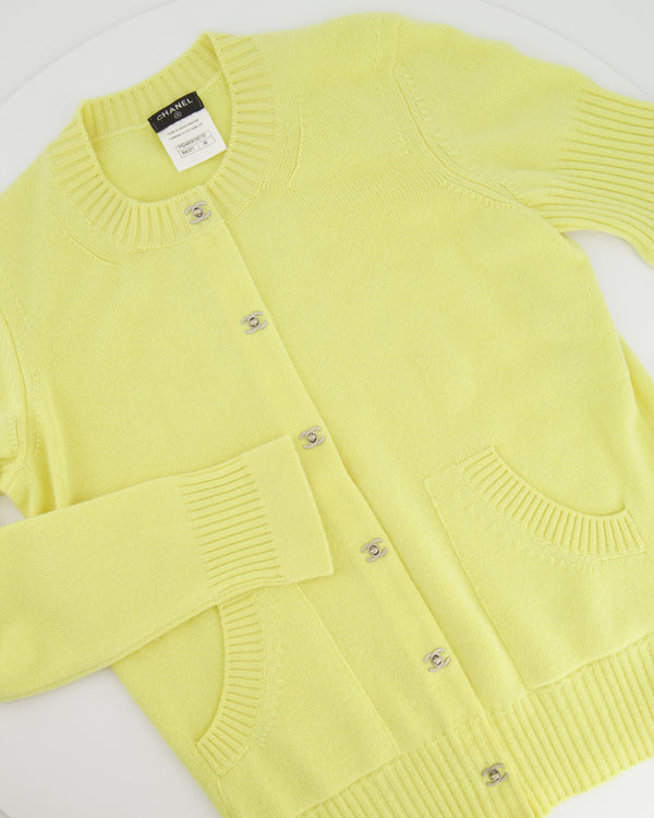 Chanel Yellow Cashmere Cardigan with Silver CC Logo Buttons Size FR 38 (UK 10)