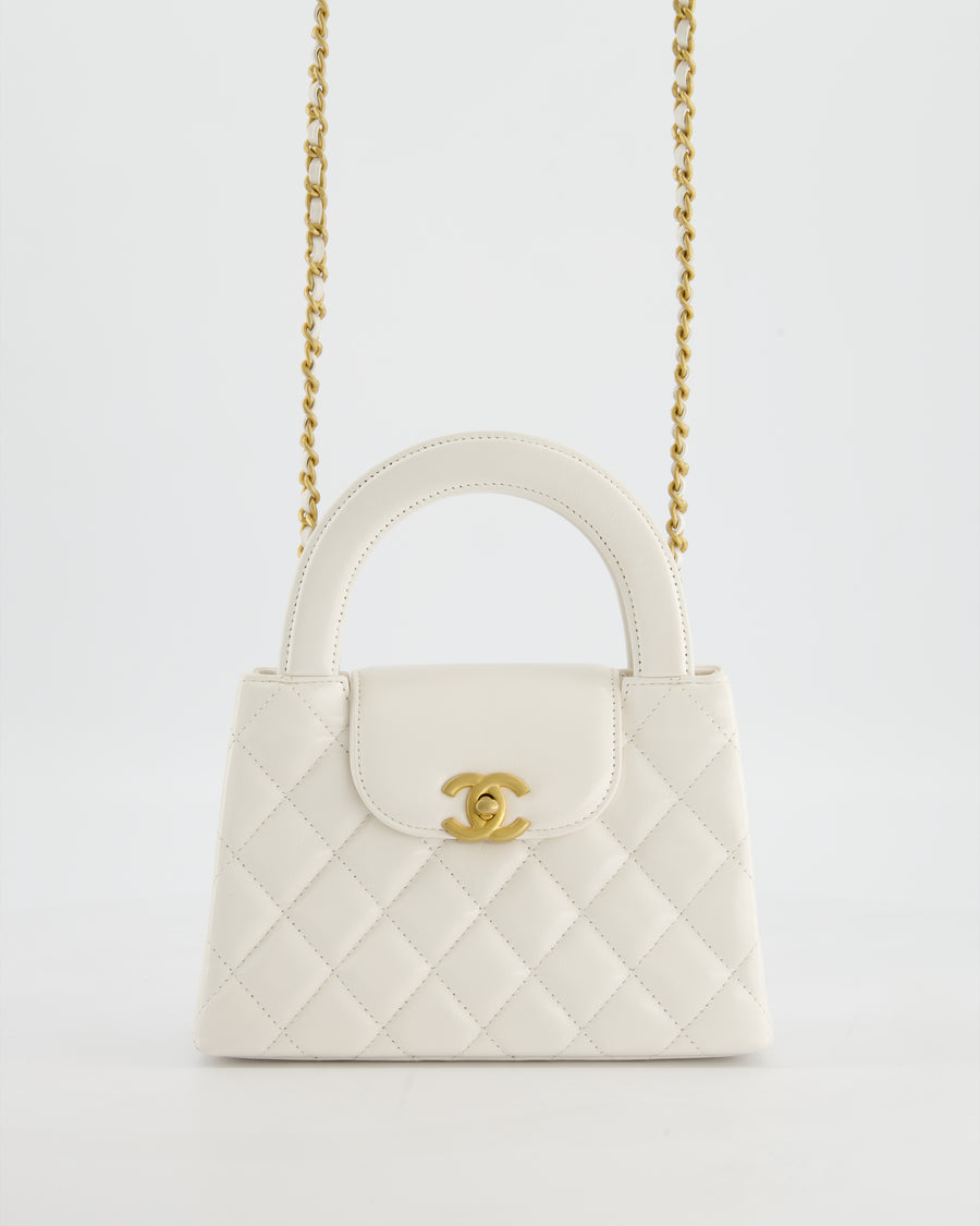 Chanel White Small Mini Kelly Shopping Bag in Shiny Calfskin Leather with Antique Gold Hardware