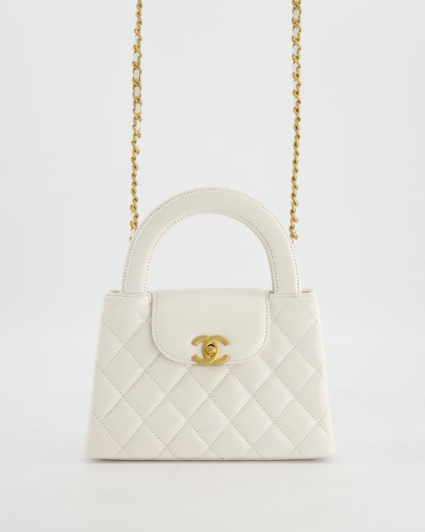 Chanel White Small Mini Kelly Shopping Bag in Shiny Calfskin Leather with Antique Gold Hardware