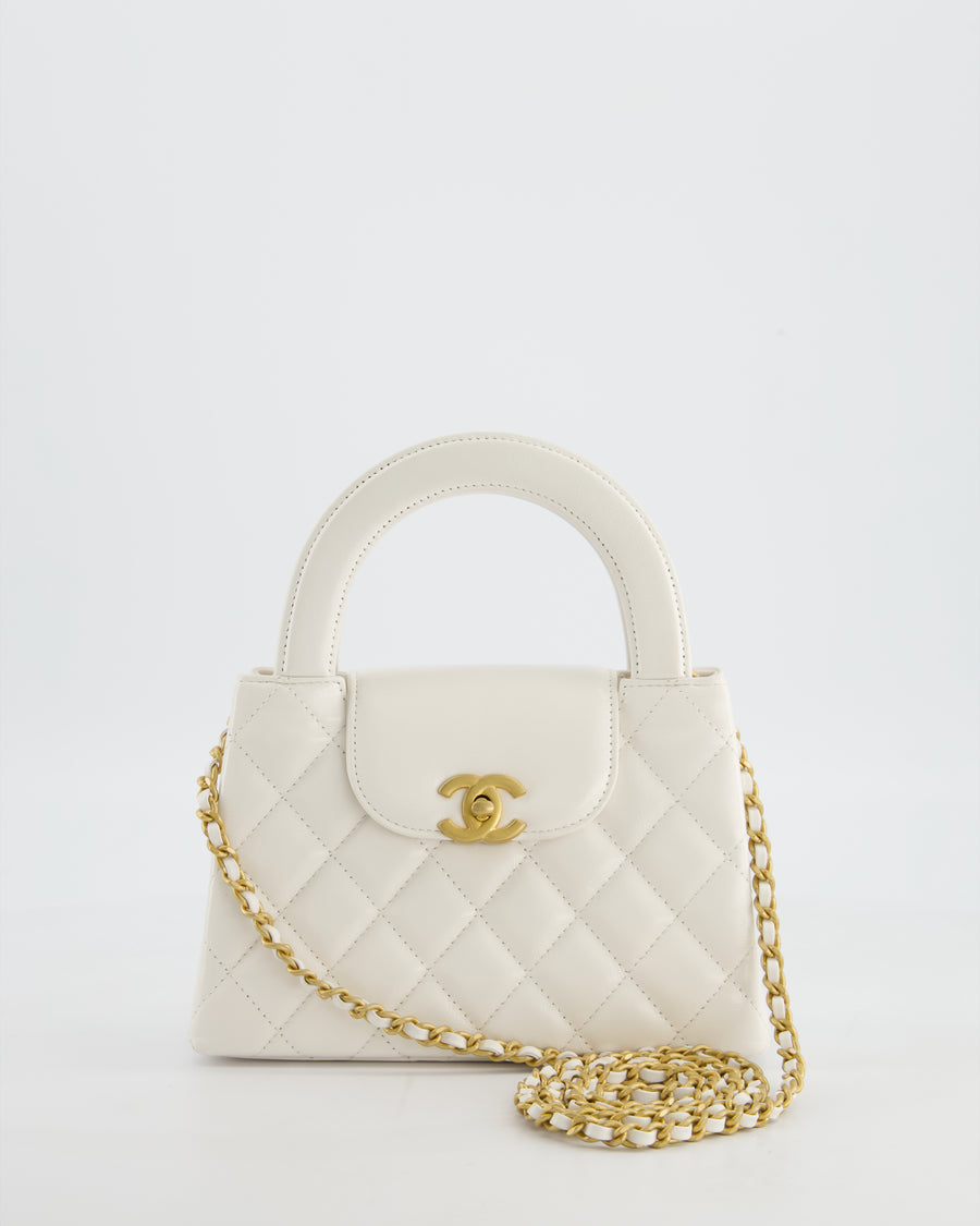 Chanel White Small Mini Kelly Shopping Bag in Shiny Calfskin Leather with Antique Gold Hardware