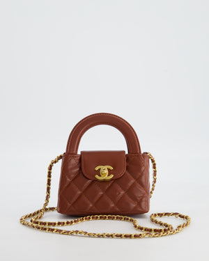 Chanel Brown Nano Mini Kelly Shopping Bag in Aged Calfskin Leather with Brushed Antique Gold Hardware