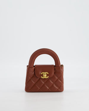 Chanel Brown Nano Mini Kelly Shopping Bag in Aged Calfskin Leather with Brushed Antique Gold Hardware