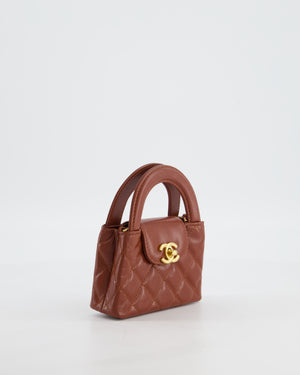 Chanel Brown Nano Mini Kelly Shopping Bag in Aged Calfskin Leather with Brushed Antique Gold Hardware