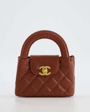 Chanel Brown Nano Mini Kelly Shopping Bag in Aged Calfskin Leather with Brushed Antique Gold Hardware
