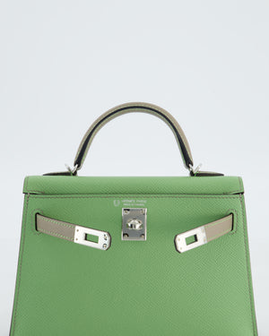 *SUPER RARE* Hermès HSS Mini Kelly II 20 Bag in Vert Criquet & Gris Aphalt Epsom Leather with Contrast Stitching and Palladium Hardware