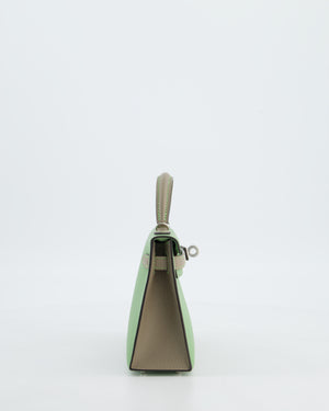 *SUPER RARE* Hermès HSS Mini Kelly II 20 Bag in Vert Criquet & Gris Aphalt Epsom Leather with Contrast Stitching and Palladium Hardware