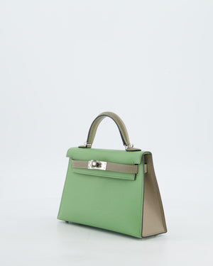 *SUPER RARE* Hermès HSS Mini Kelly II 20 Bag in Vert Criquet & Gris Aphalt Epsom Leather with Contrast Stitching and Palladium Hardware