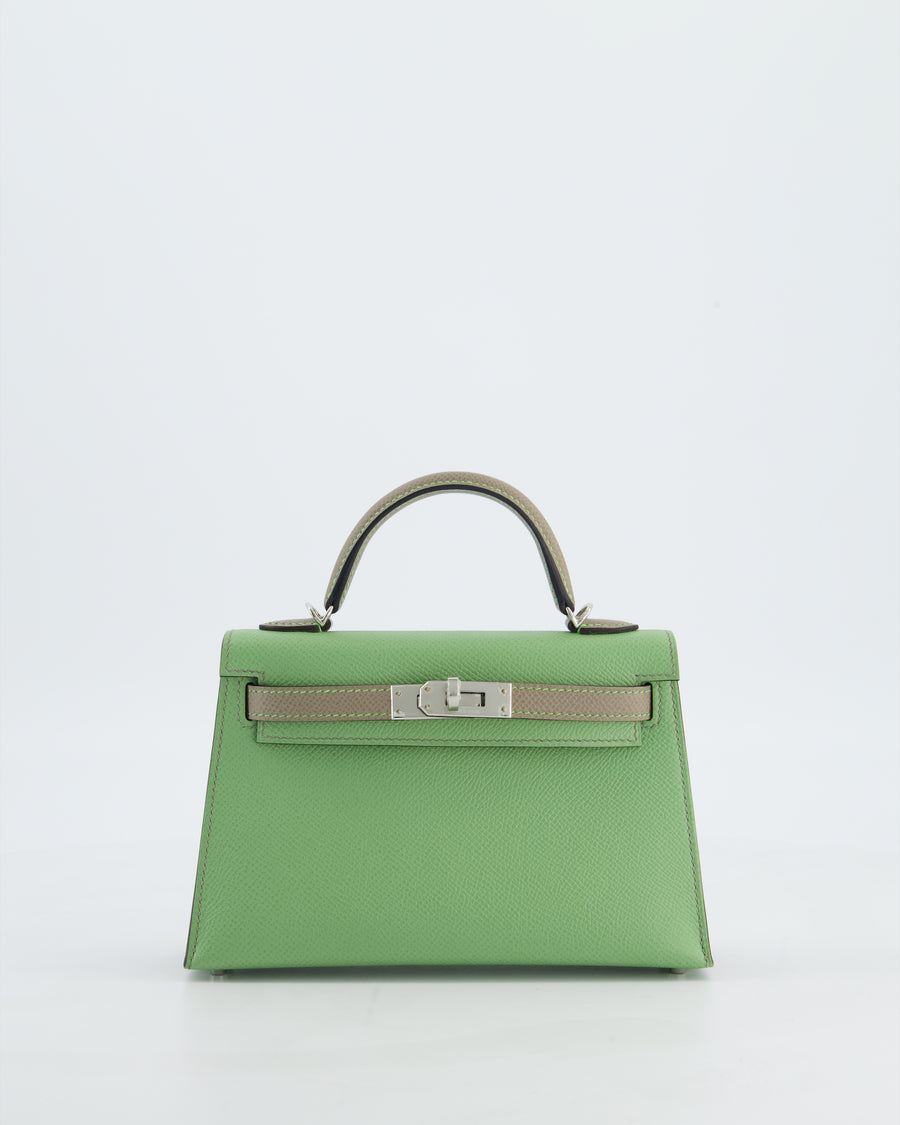 *SUPER RARE* Hermès HSS Mini Kelly II 20 Bag in Vert Criquet & Gris Aphalt Epsom Leather with Contrast Stitching and Palladium Hardware