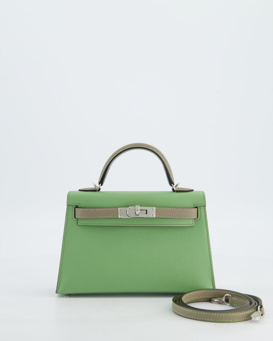 *SUPER RARE* Hermès HSS Mini Kelly II 20 Bag in Vert Criquet & Gris Aphalt Epsom Leather with Contrast Stitching and Palladium Hardware
