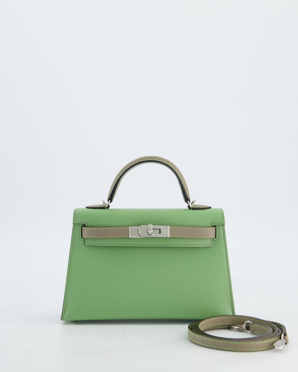 *SUPER RARE* Hermès HSS Mini Kelly II 20 Bag in Vert Criquet & Gris Aphalt Epsom Leather with Contrast Stitching and Palladium Hardware