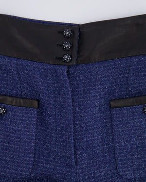Chanel Cruise 2019 Blue Tweed Cropped Jacket and Trousers Set with CC Logo Buttons and Black Leather Trims Size FR 36/38 (UK 8/10)