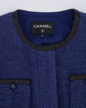 Chanel Cruise 2019 Blue Tweed Cropped Jacket and Trousers Set with CC Logo Buttons and Black Leather Trims Size FR 36/38 (UK 8/10)