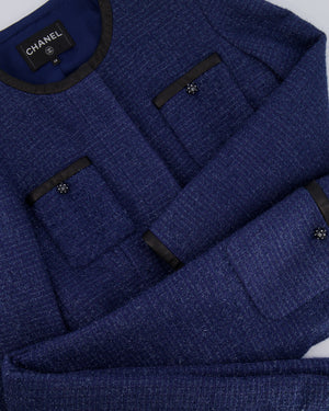 Chanel Cruise 2019 Blue Tweed Cropped Jacket and Trousers Set with CC Logo Buttons and Black Leather Trims Size FR 36/38 (UK 8/10)