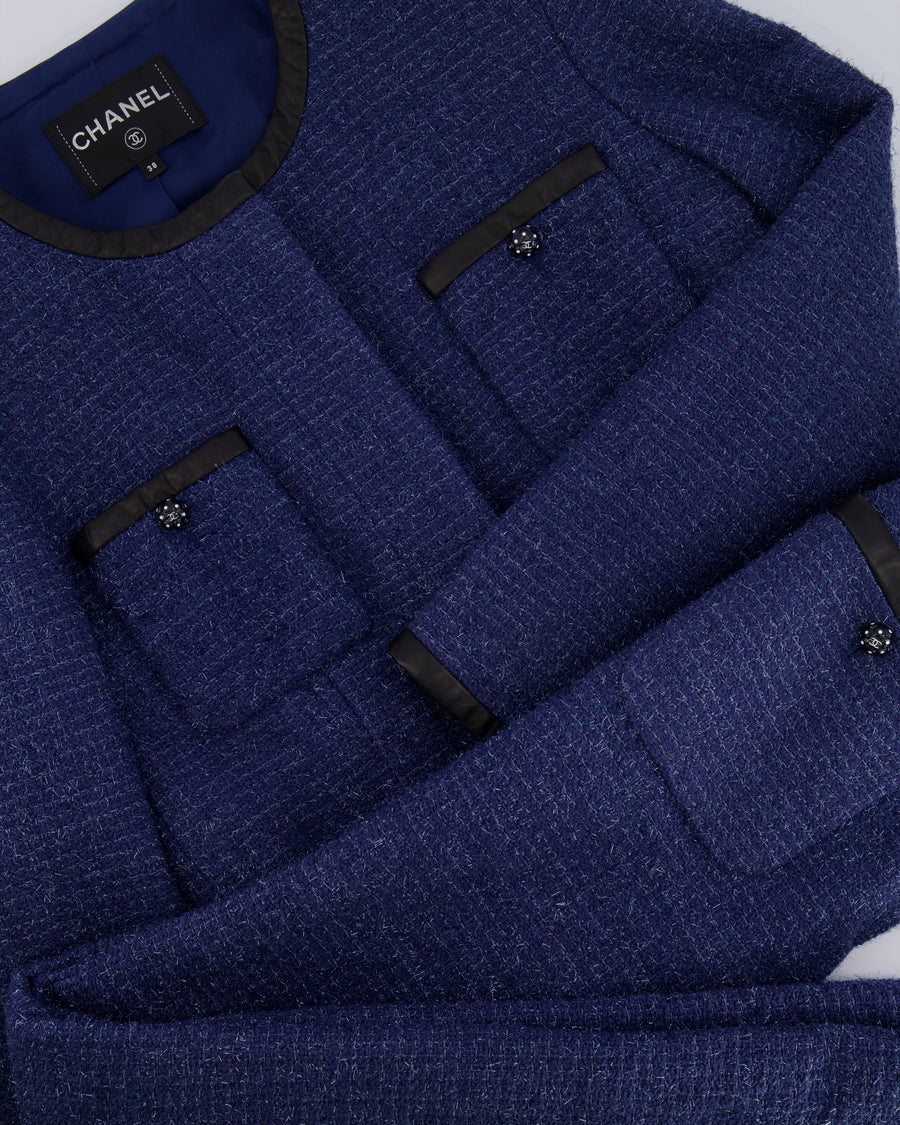 Chanel Cruise 2019 Blue Tweed Cropped Jacket and Trousers Set with CC Logo Buttons and Black Leather Trims Size FR 36/38 (UK 8/10)