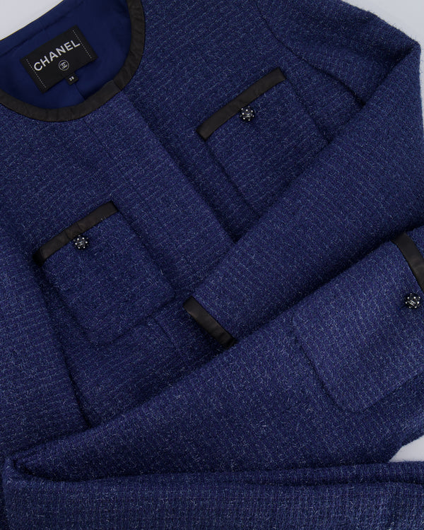 Chanel Cruise 2019 Blue Tweed Cropped Jacket and Trousers Set with CC Logo Buttons and Black Leather Trims Size FR 36/38 (UK 8/10)