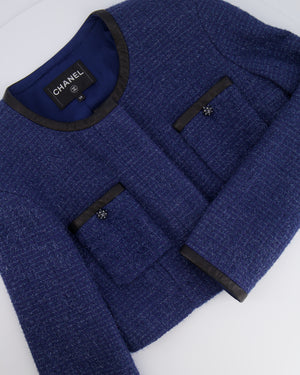 Chanel Cruise 2019 Blue Tweed Cropped Jacket and Trousers Set with CC Logo Buttons and Black Leather Trims Size FR 36/38 (UK 8/10)